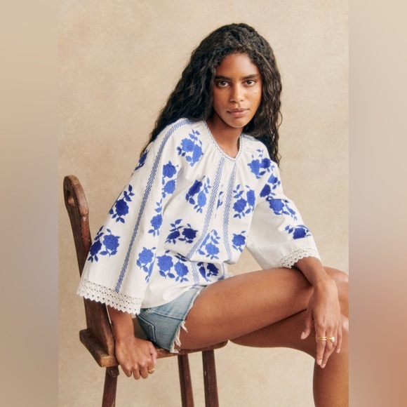Sézane Rina Blouse Solidarity Creation in Blue Embroidered Floral FR 46 / US 14 - Picture 1 of 7